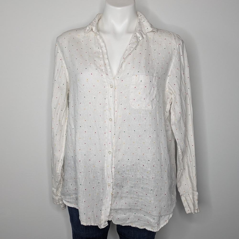 Grayson The Hero White Colorful Rainbow Hearts Button Up Linen Top L
